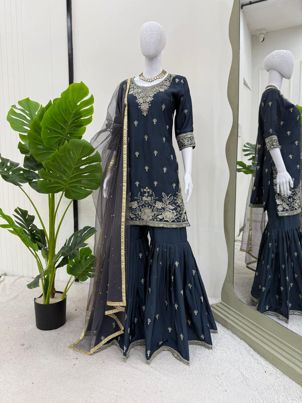 Teal Blue Color Sequence Work Blissful Sharara Suit