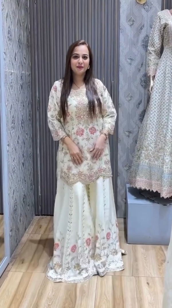 Outstanding Sequence And Thread Work White Color Sharara suit