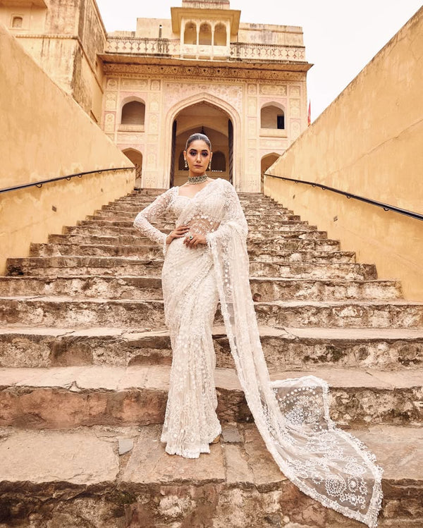 Captivating Embroidery Work White Color Designer Saree