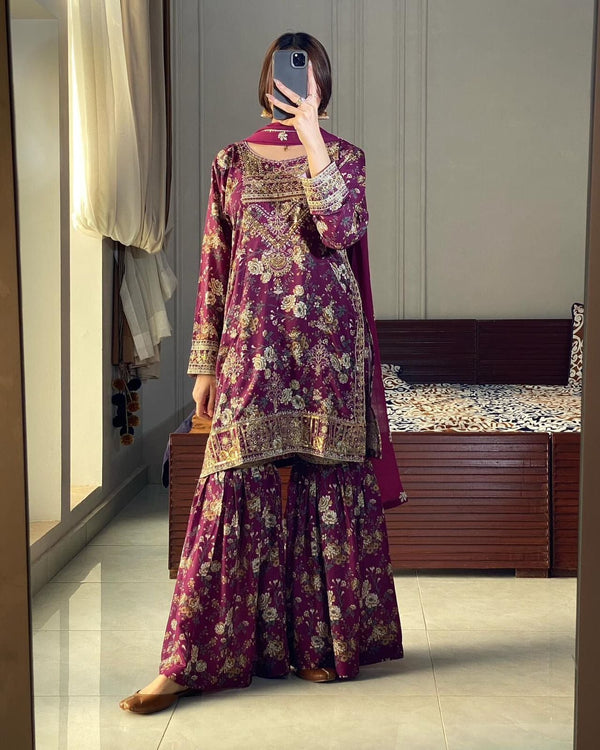 Gorgeous Wine Chinon Silk Embroidery Sharara Suit