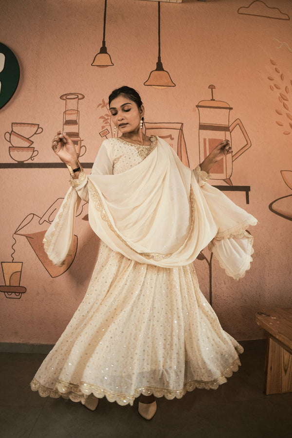 Alluring White Georgette Embroidery Work Gown