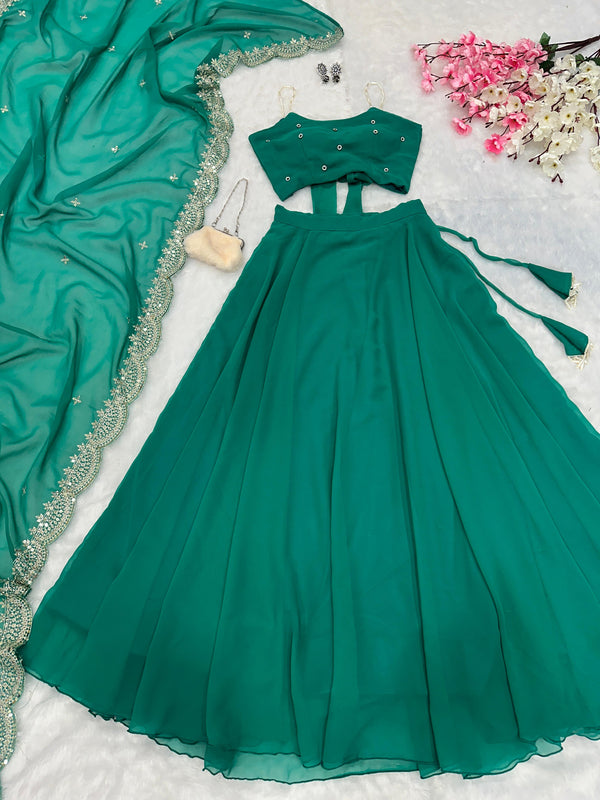 Designer Pearl Work Green Color Lehenga Set