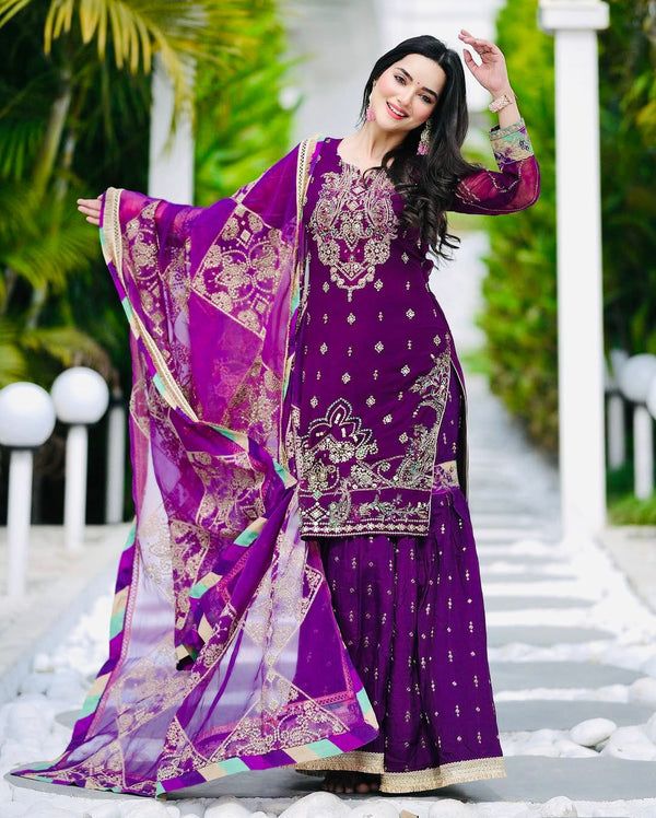 Captivating Embroidery Work Purple Color Palazzo Suit