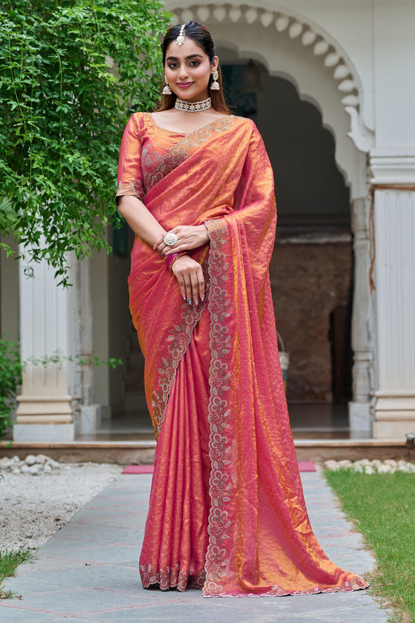 Exclusive Red Fendi Silk Diamond Work Saree