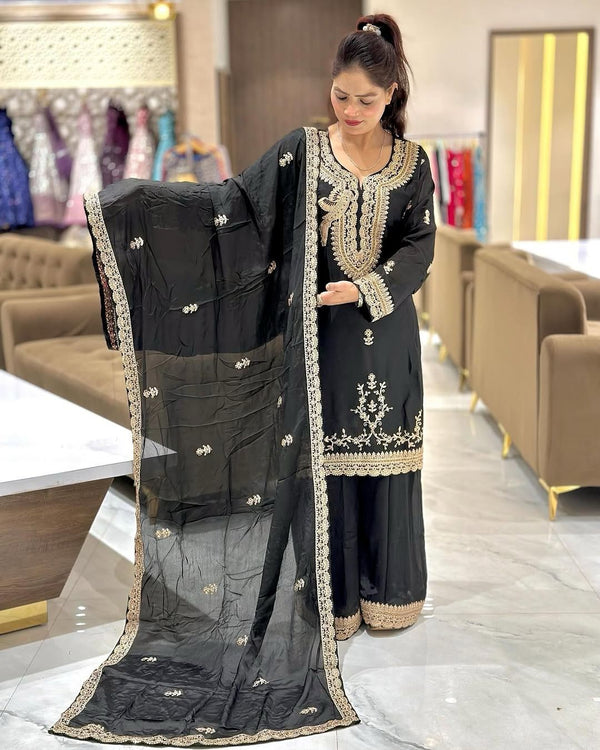 Outstanding Black Color Sequence Work Palazzo Suit