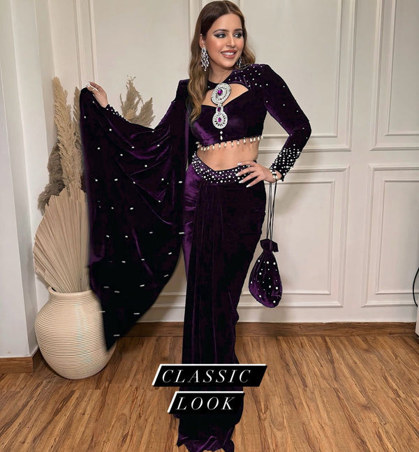 Party Wear Wine Color Moti Work Lehenga Saree