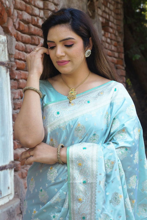 Attractive Satin Silk Blue Color Designer Saree