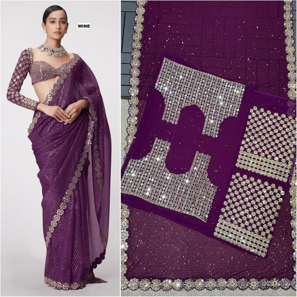 Stylish Georgette Original Mirror Purple Color Saree
