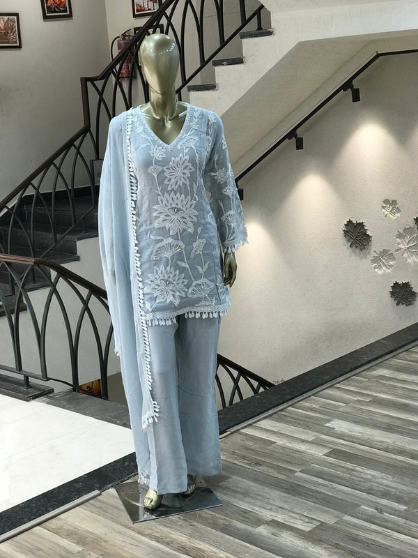 Designer Sky Blue Color Georgette Embroidery Palazzo Suit