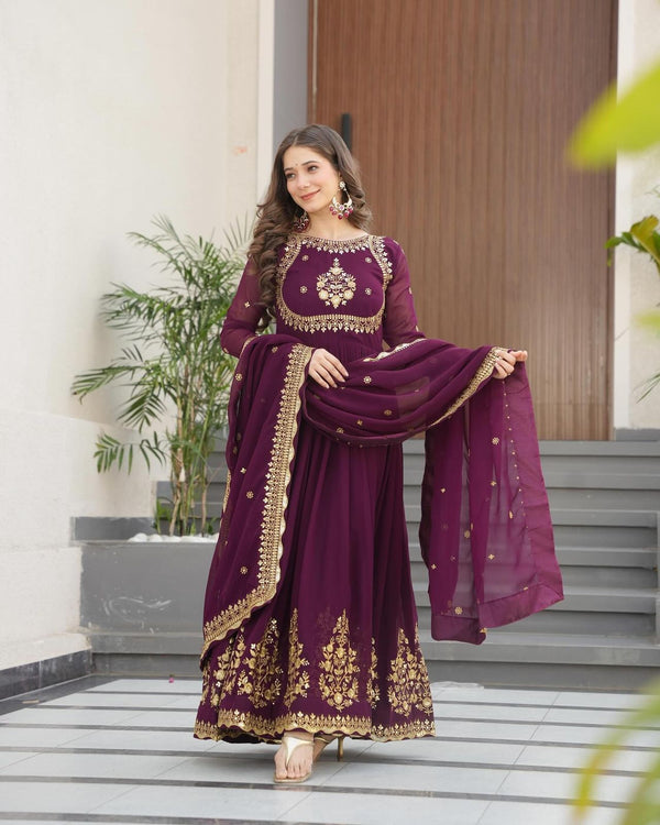 Designer Heavy Work Wine Color Gown