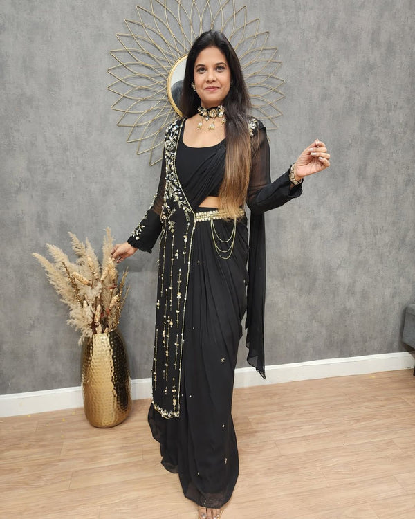 Party Wear Embroidery Work Black Color Lehenga Saree With Shurg