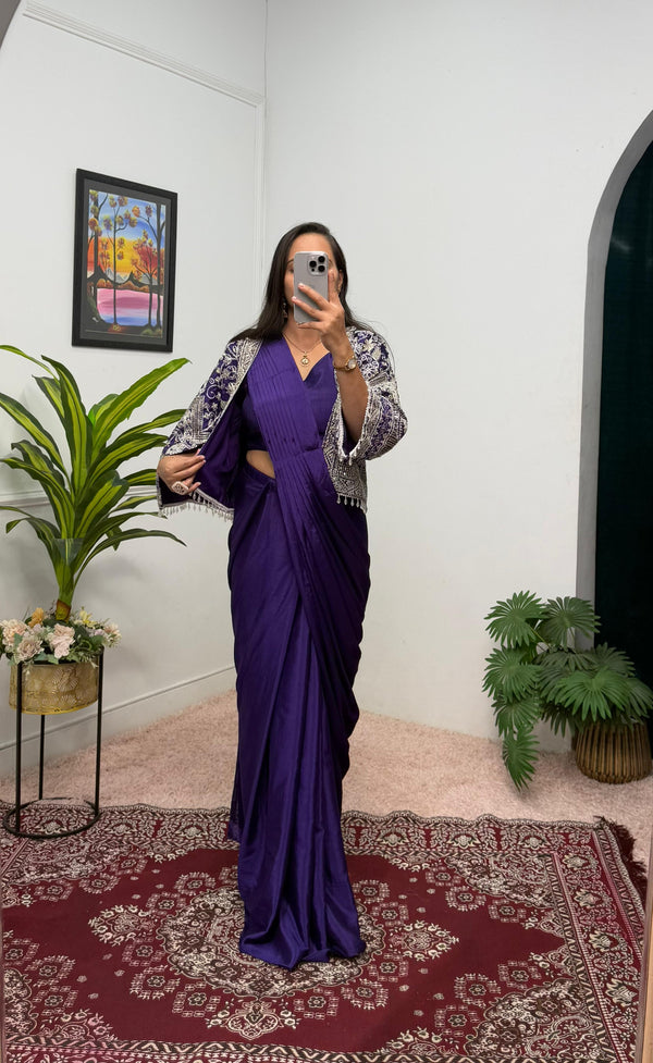 Mesmerizing Purple Color Chinon Silk Ready to Wear Saree