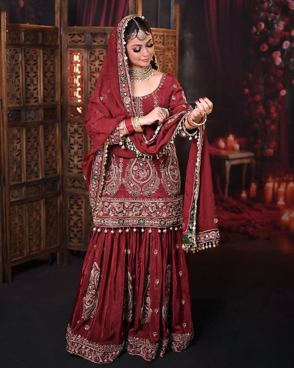 Designer Sequence Heavy Work Maroon Color Sharara Suit