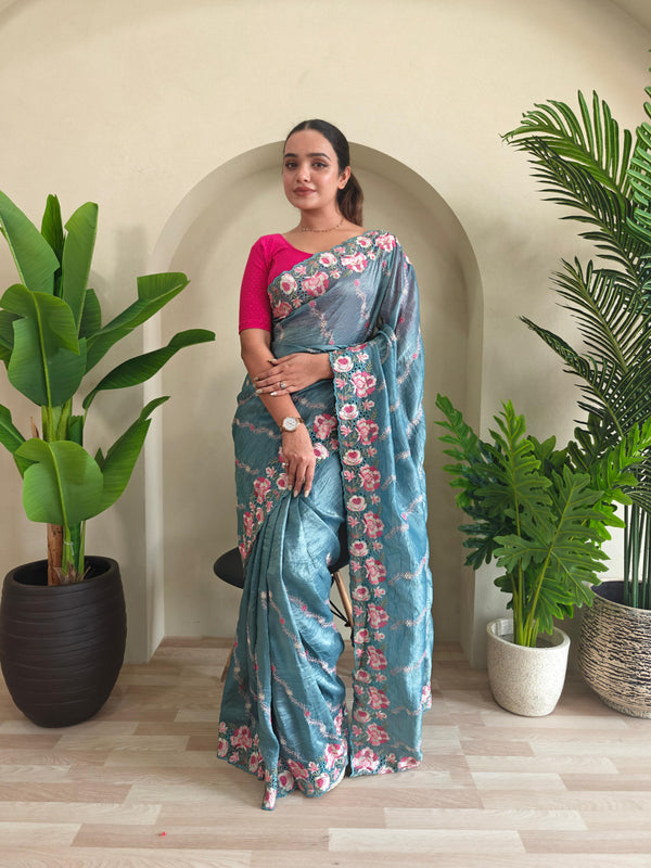 Delightful Crush Silk Teal Blue Color Saree