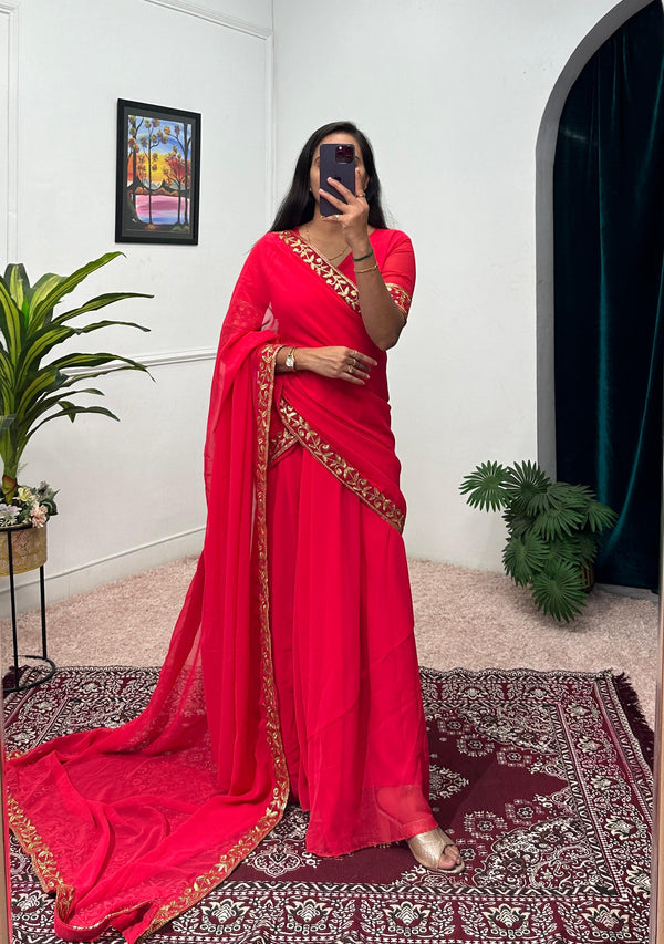 Good Looking Embroidery Work Red Color Saree Gown