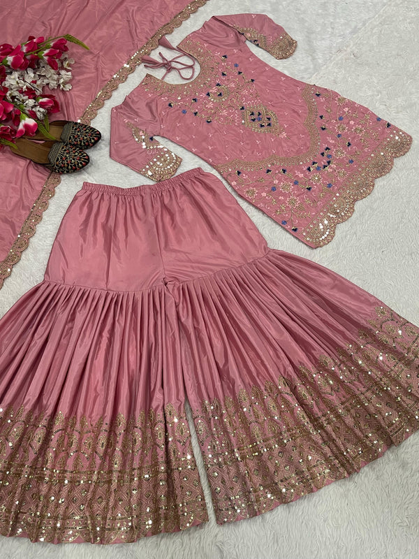 Fabulous Heavy Work Pink Color Sharara Suit