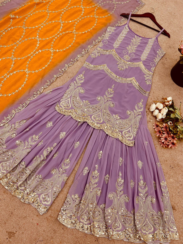 Stylish Lavender Georgette Sequence Work Sharara Suit