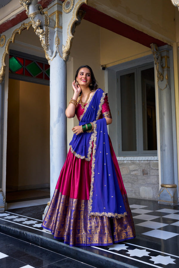 Blissful Zari Weaving Work Pink & Blue Color Lehenga Choli