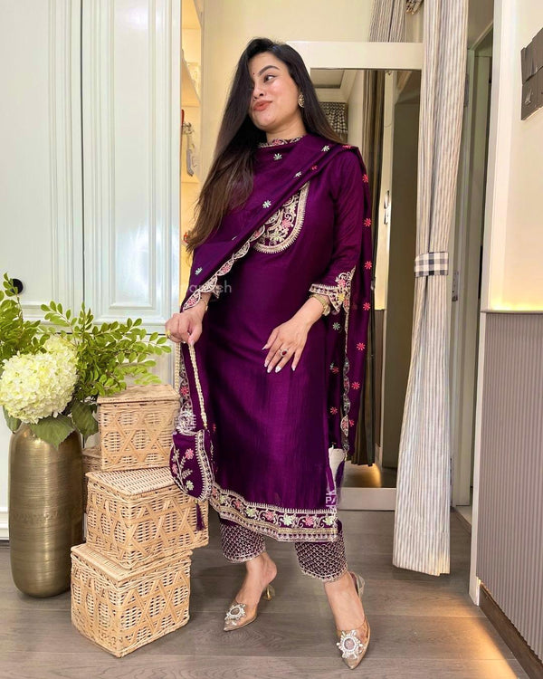 Chinon Silk Wine Color Embroidered Salwar Suit