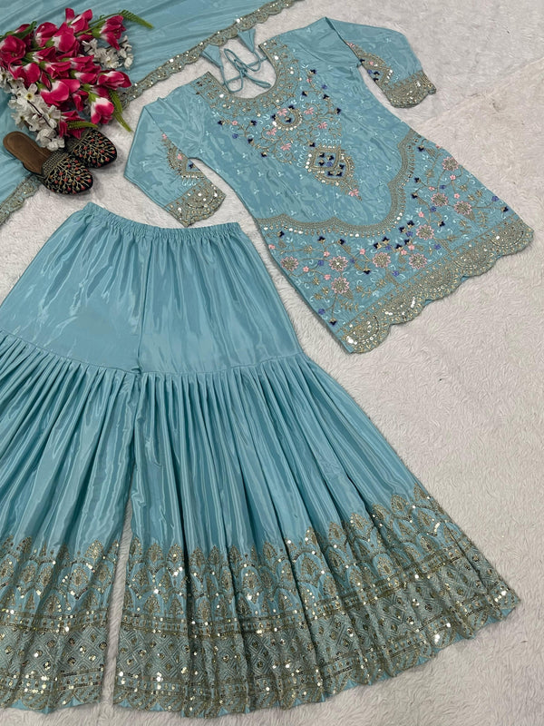Fabulous Heavy Work Sky Blue Color Sharara Suit