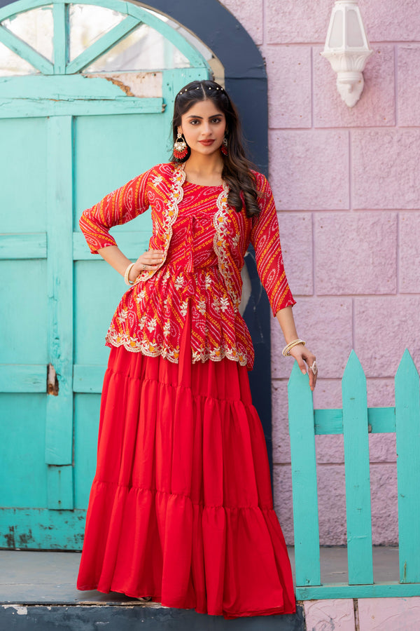Charming Red Color Bandhej Top With Lehenga With Koti