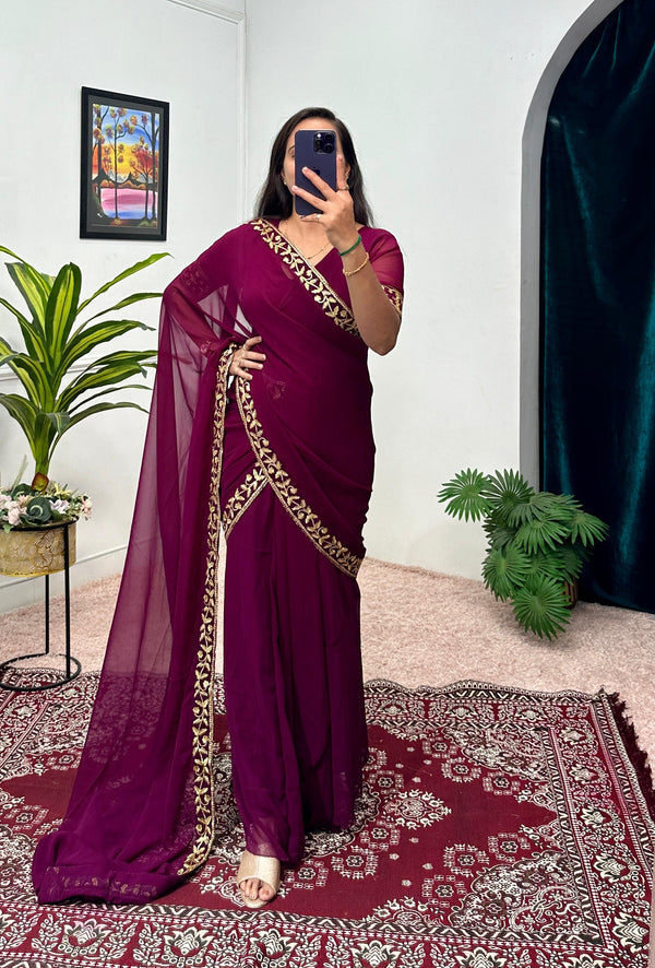 Good Looking Embroidery Work Wine Color Saree Gown