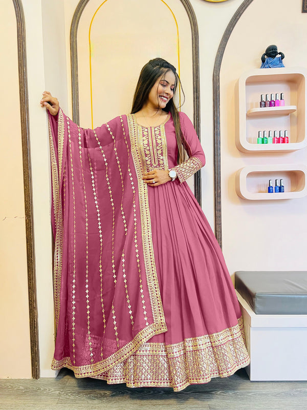 Shining Golden Sequence Work Long Pink Gown WIth Dupatta