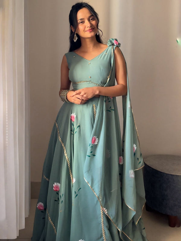 Awesome Georgette Sky Blue Color Top With Lehenga