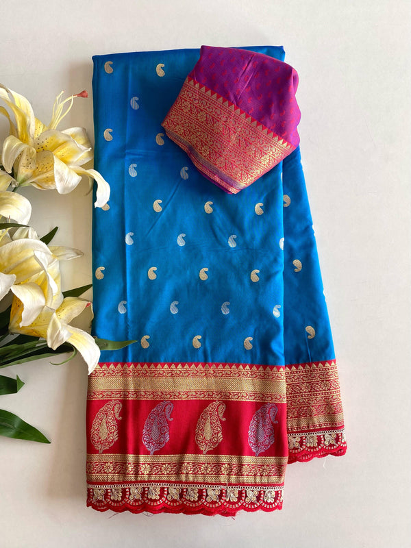 Occasion Wear Keri Design Sky Blue Color Silk Saree