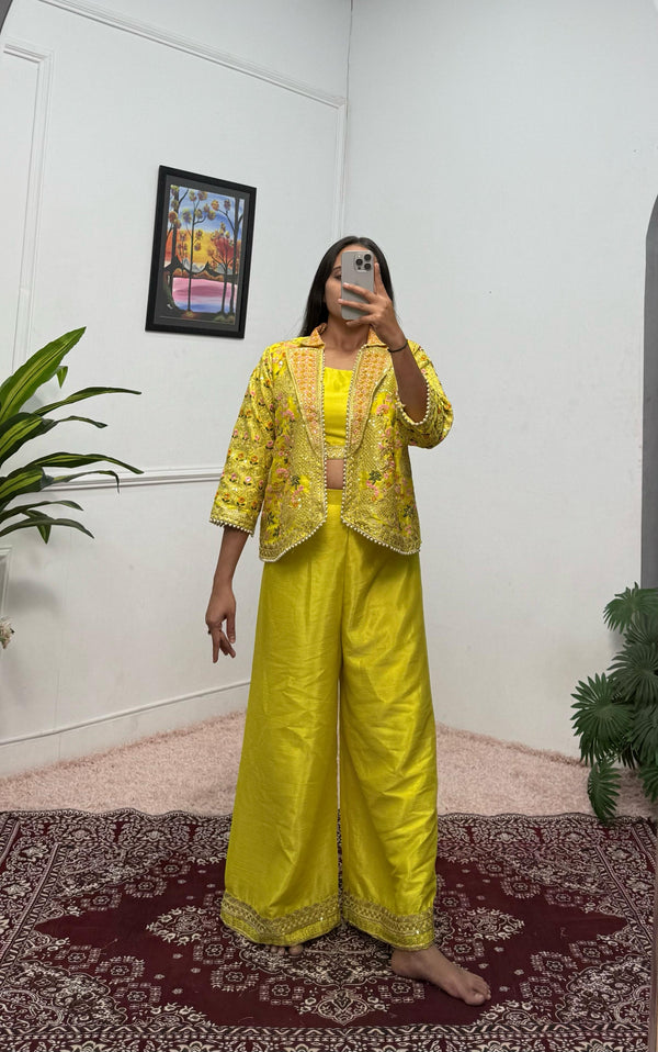 Flattering Chinon Lemon Color Palazzo Top With Koti