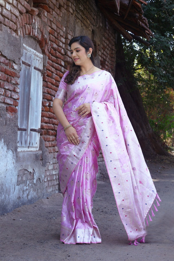Attractive Satin Silk Pink Color Designer Saree