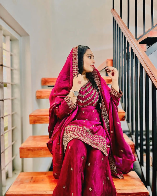 Good Looking Embroidery Work Pink Color Palazzo Suit