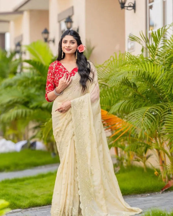 Good Looking Banglori Silk Cream Color Designer Saree