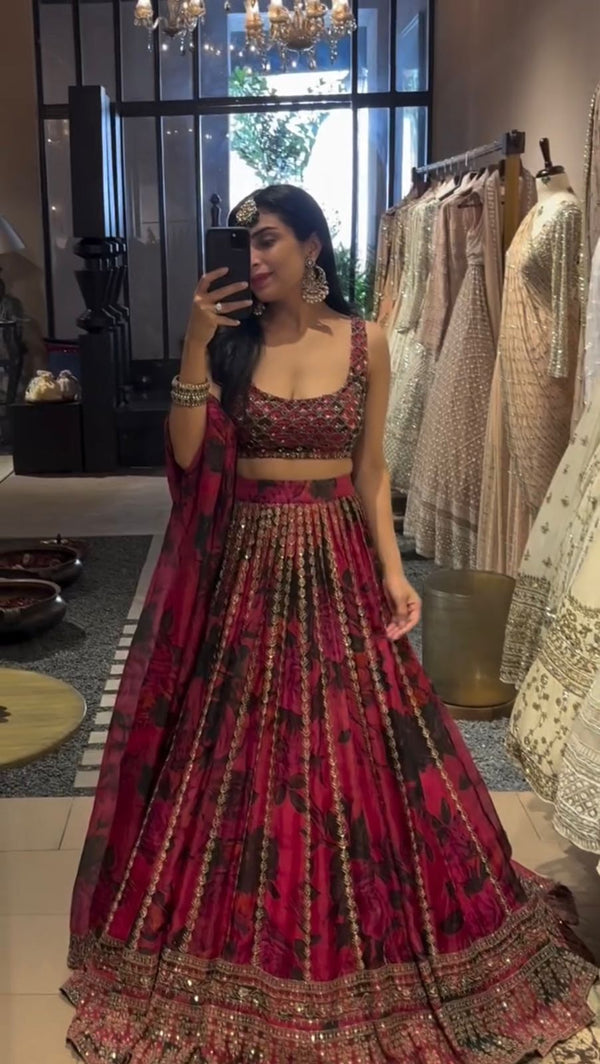 Red Color Flower Printed Organza Bridal Lehenga