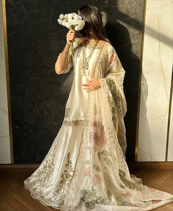 Exclusive Designer Heavy Chinon Sequence Embroidery Work Suit with Full Flair Gharara & Organza Dupatta