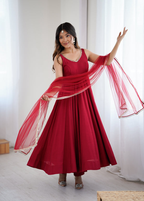 Glossy Maroon Color Roman Silk Anarkali Work Gown