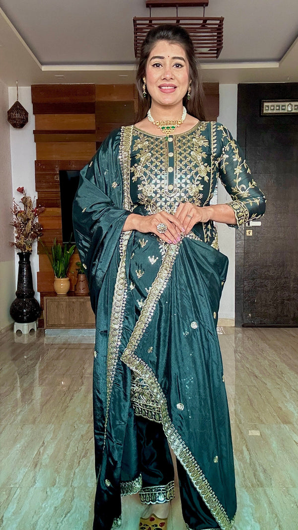 Decent Cinon Silk Embroidery Work Green Color Salwar Suit