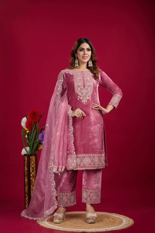 Occasion Wear Embroidery Work Pink Color Plazzo Suit