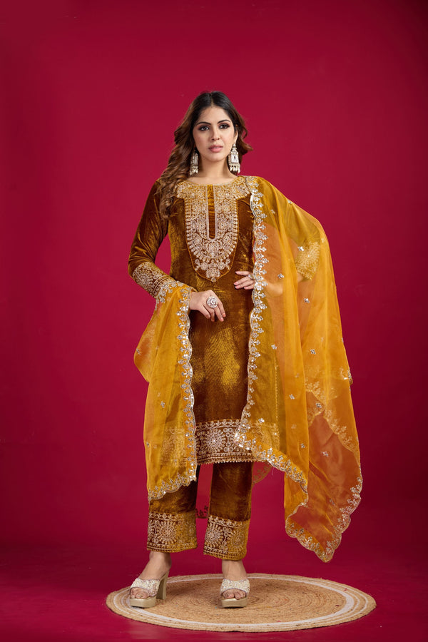 Occasion Wear Embroidery Work Mustard Color Plazzo Suit