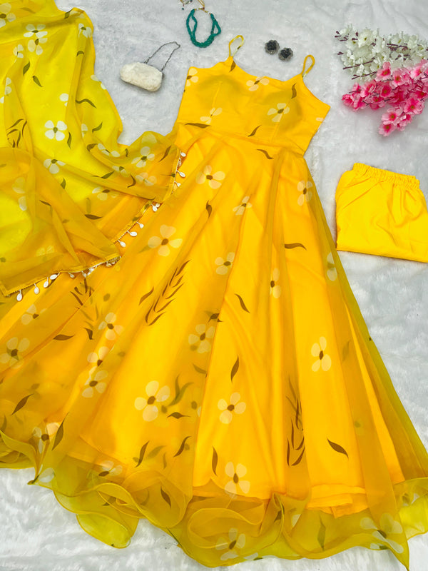 Classy Digital Printed Yellow Color Gown