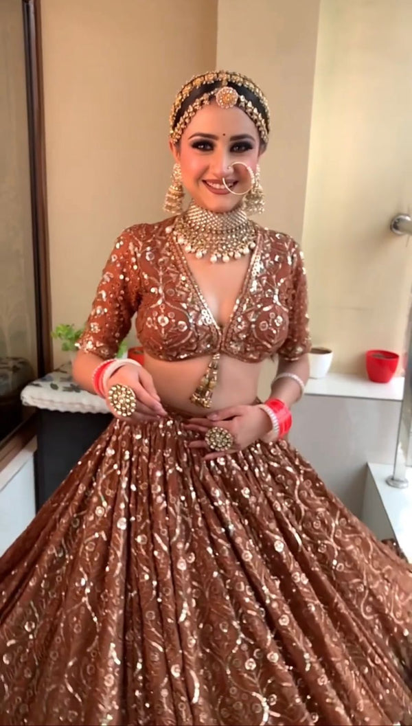 Brown Color Wedding Wear Sequence Work Lehenga Choli