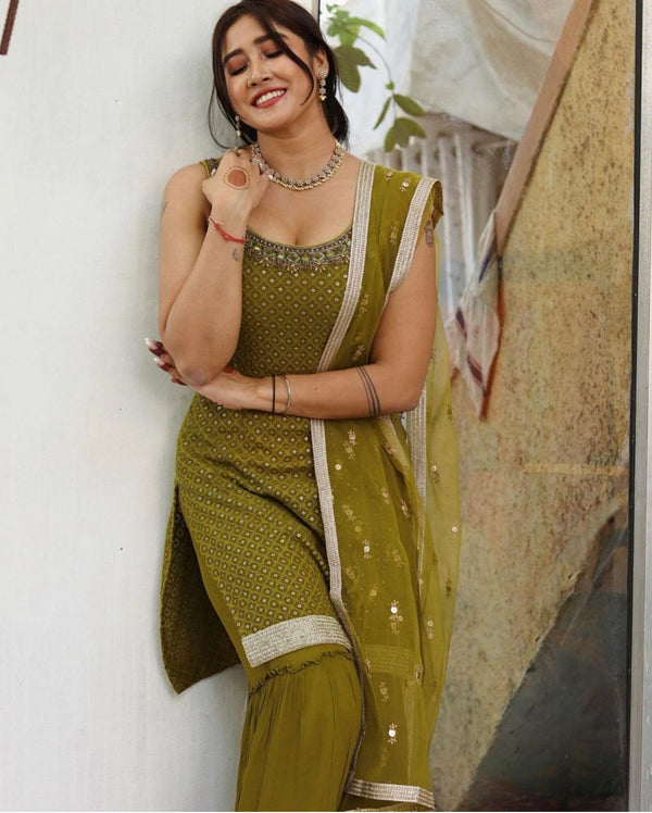 Mehndi Color Embroidery Sequence Work Saharara Suit