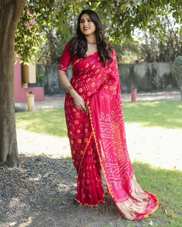 Tissue Pallu With Red Color Original Bandhani Saree