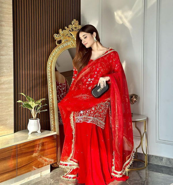 Amazing Red Embroidery Sequence Work Sharara Suit