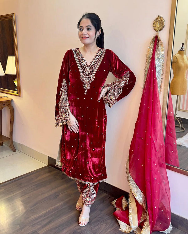 Fabulous  Design Red Color Viscose Velvet Salwar Suit