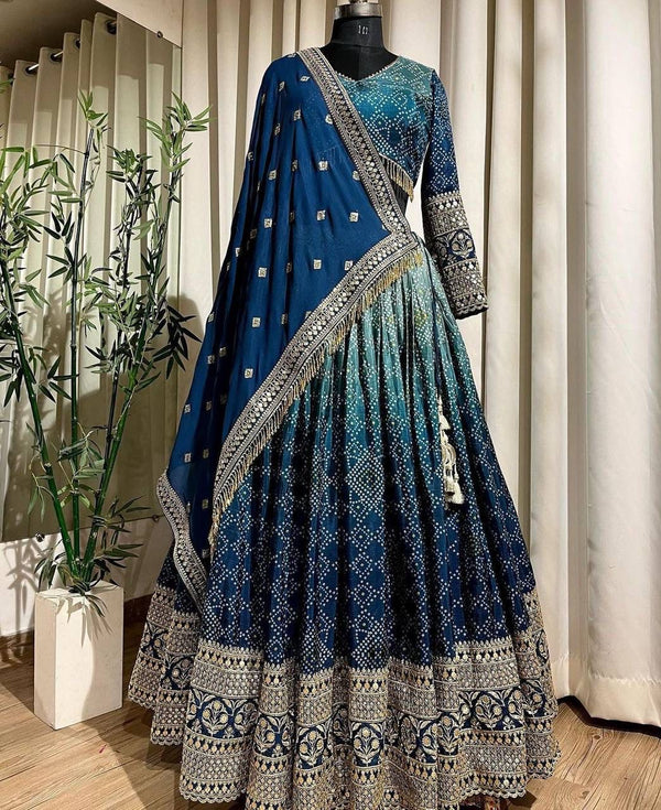 Party Wear Sky Blue Color Chinon Silk With Embroidered Sequence Work Lehenga Choli