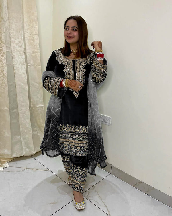 Embellished Embroidery Work Velvet Black Color Salwar Suit