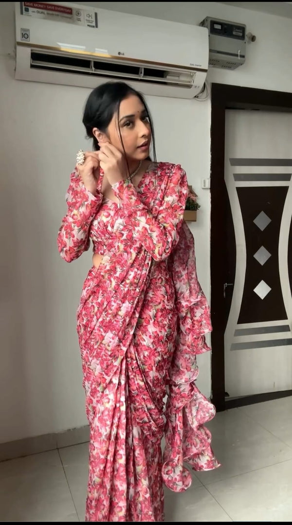 Captivating Pink Color Georgette Digital Print Saree