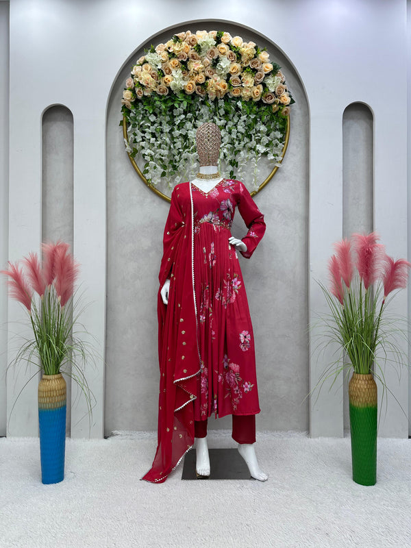 Fantastic Handwork with  and Digital print Red Color Aliya Cut Suit