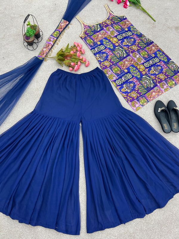 Ravishing Digital Print And Real Mirror Blue Color Sharara Suit